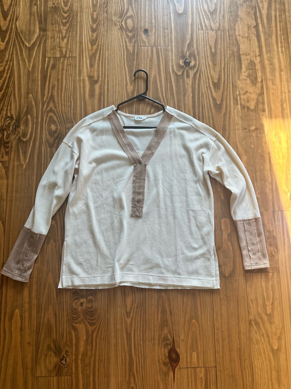 Waffle V-Neck Long Sleeve Top in Cream with Tan Trim